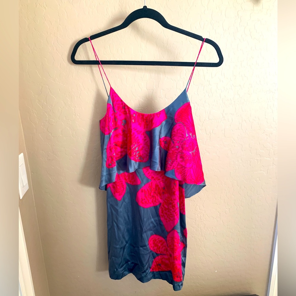 Halston Heritage Satin mini dress. Grey with pink flowers. Size 0.